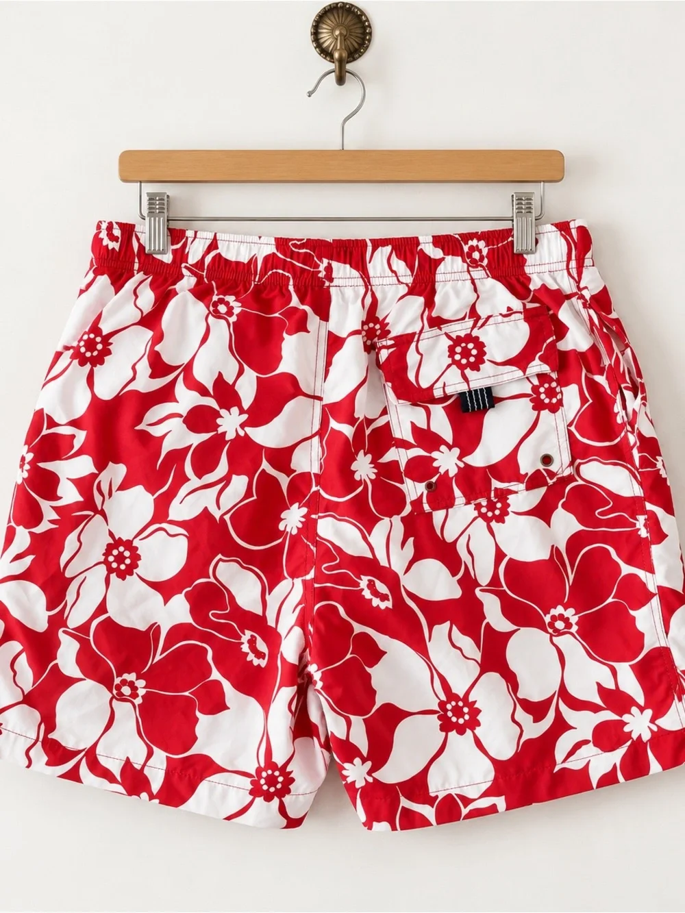 lands’ end men’s red white floral swim trunks size medium 32-34